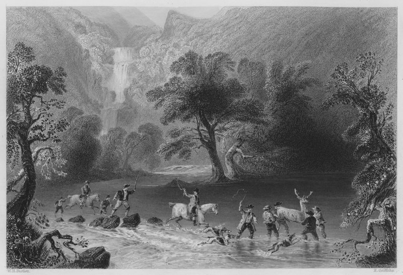 Taking a Stag, poblíž Derrycunnihy Cascade, Killarney (rytina) od William Henry (after) Bartlett