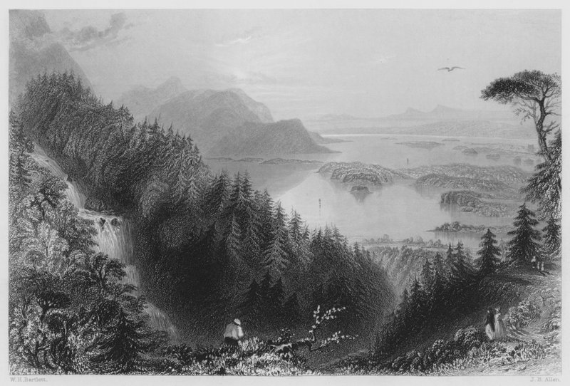 Dolní a Torc jezera, Killarney, z vodopádu Torc (rytina) od William Henry (after) Bartlett