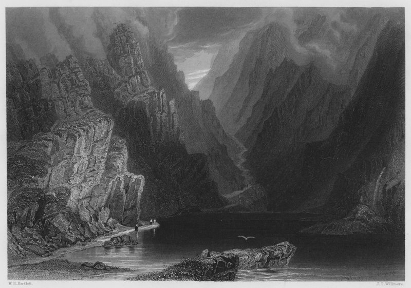 The Mountains in the Gap of Dunloe (rytina) od William Henry (after) Bartlett