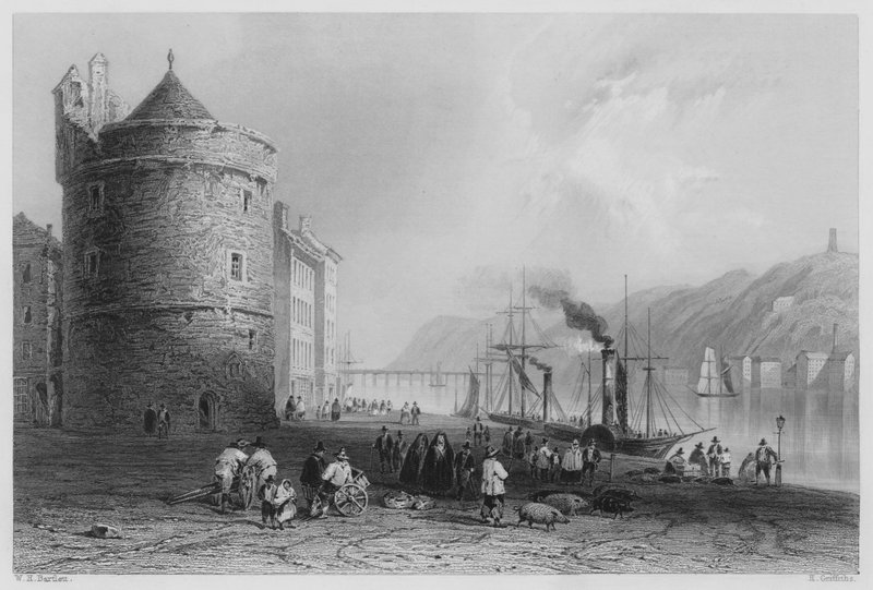 Quay Waterford, s Reginaldovou věží (rytina) od William Henry (after) Bartlett