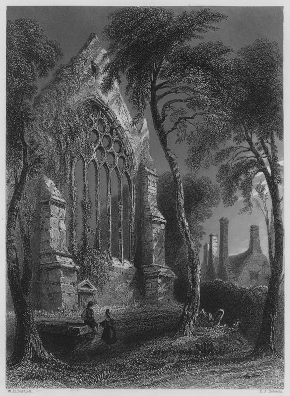 Youghall Abbey, rezidence sira Waltera Raleigha (rytina) od William Henry (after) Bartlett