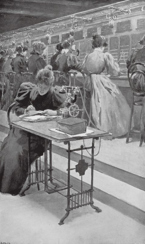 Při práci v telefonní místnosti (litografie) od William Henry (after) Margetson