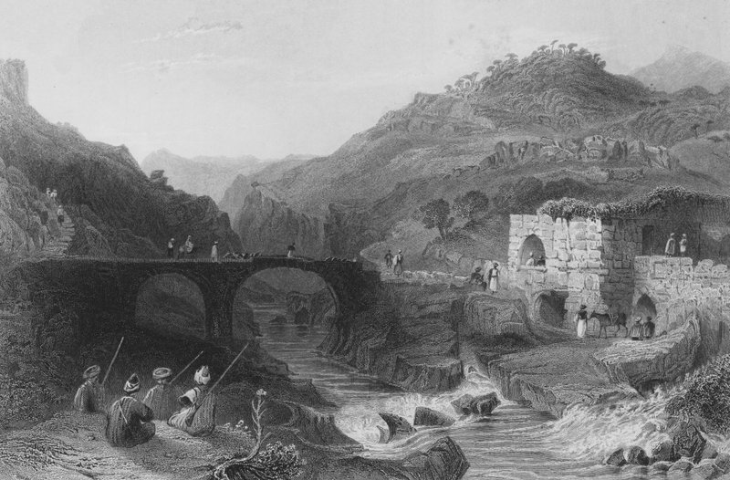 Chán neboli hostinec na Damouru v Libanonu mezi Betadinem a Bejrútem od William Henry Bartlett