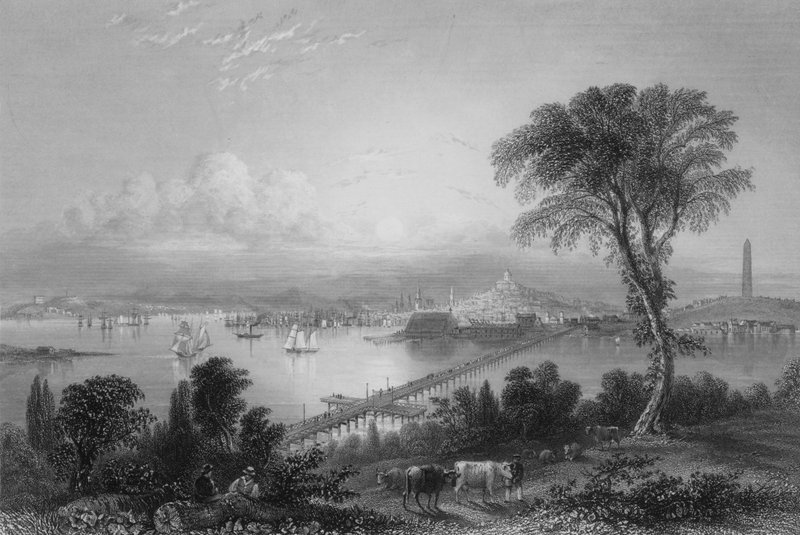 Boston a Bunker Hill (z východu) (rytina) od William Henry Bartlett