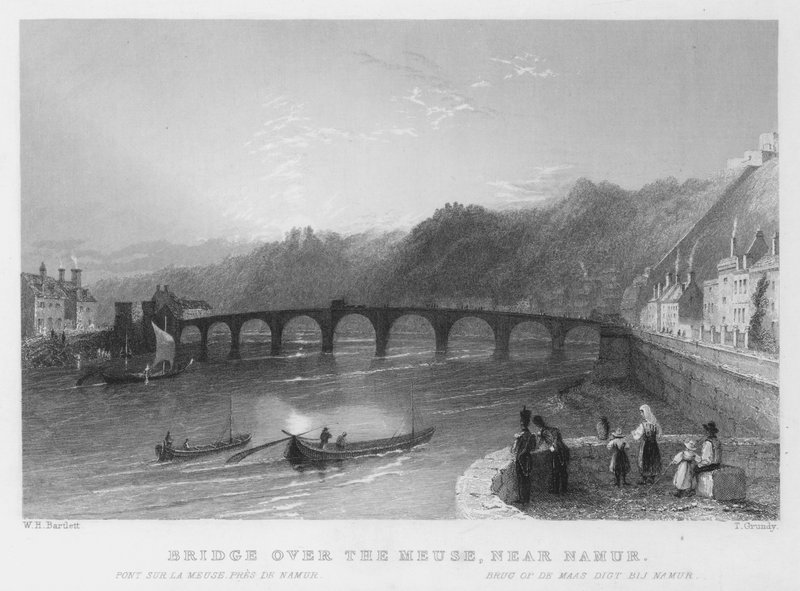 Most přes Meuse, poblíž Namur (rytina) od William Henry Bartlett