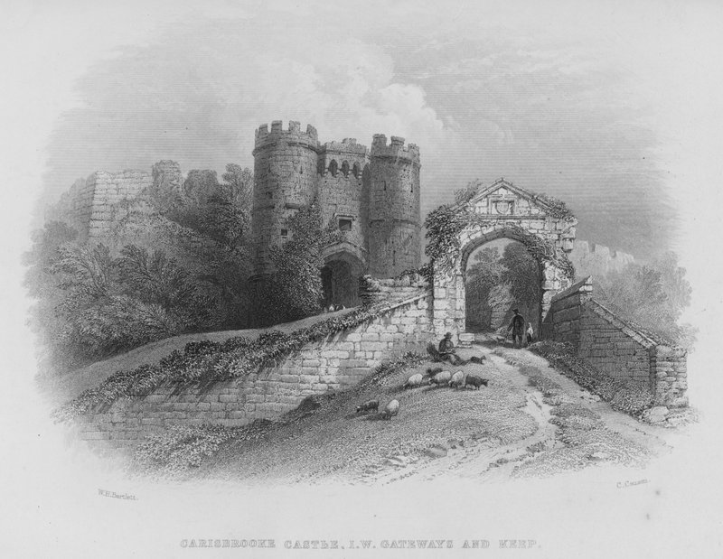 Carisbrooke Castle, Isle of Wight, Gateways and Keep (rytina) od William Henry Bartlett