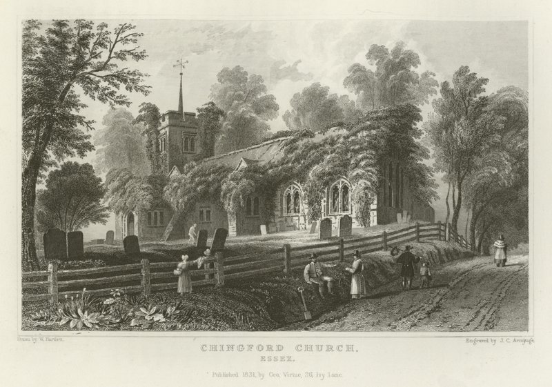 Kostel v Chingfordu, Essex od William Henry Bartlett
