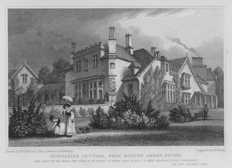 Endsleigh Cottage, poblíž Milton Abbot, Devon (rytina) od William Henry Bartlett