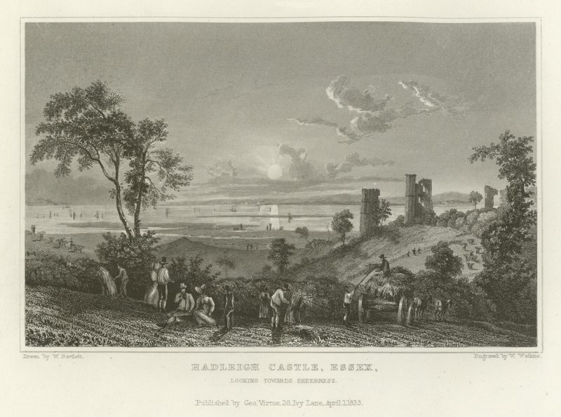 Hrad Hadleigh, Essex, při pohledu na Sheerness od William Henry Bartlett