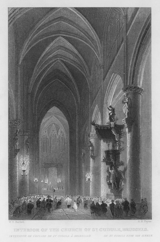 Interiér kostela St Gudule, Brusel (rytina) od William Henry Bartlett