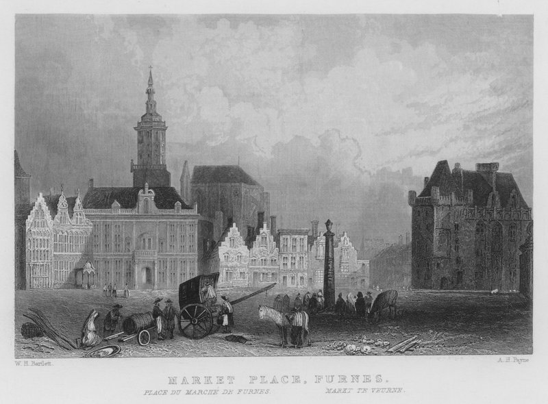 Market Place, Furnes (rytina) od William Henry Bartlett