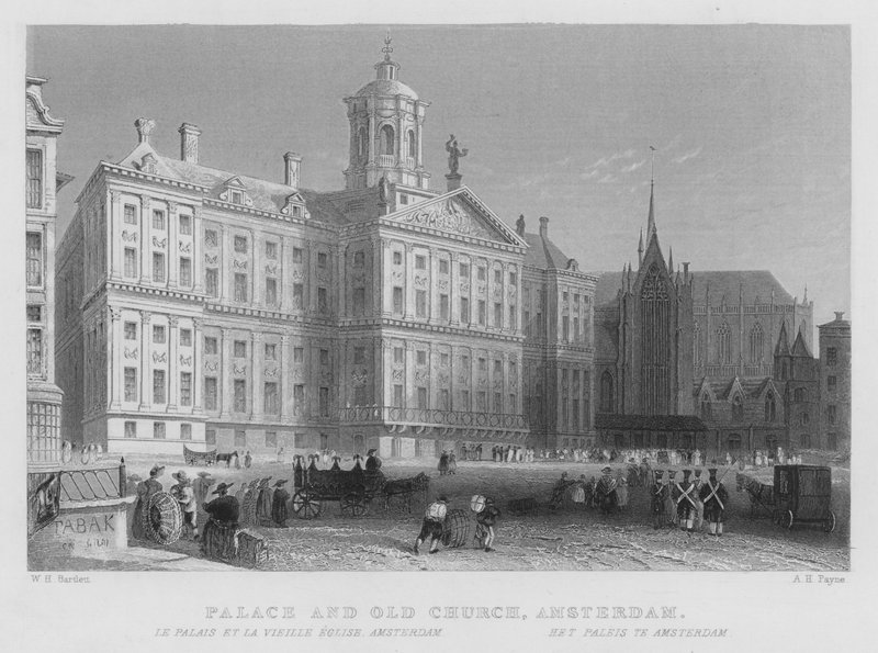 Palác a starý kostel, Amsterdam (rytina) od William Henry Bartlett