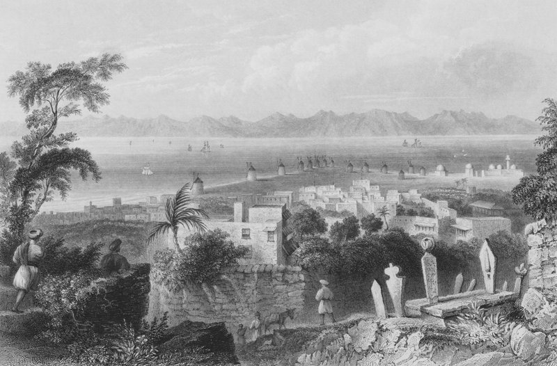 Rhodos, starověký Dodanim, s kanálem mezi ostrovem a Malou Asií od William Henry Bartlett