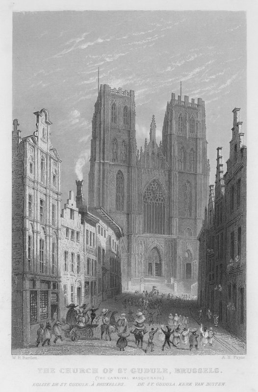 Kostel St Gudule, Brusel, Karnevalová maškaráda (rytina) od William Henry Bartlett