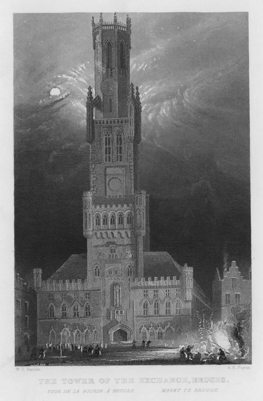 Věž výměny, Bruggy (rytina) od William Henry Bartlett