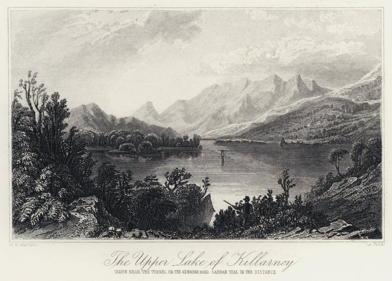 Horní jezero Killarney, pořízené v blízkosti tunelu na Kenmare Road, Carran Tual v dálce (rytina) od William Henry Bartlett