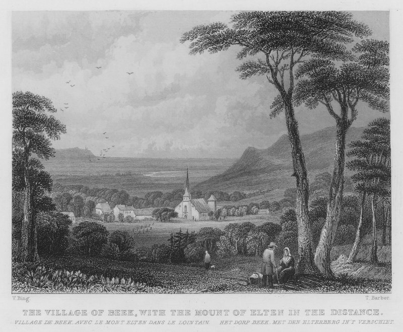 Vesnice Beek, s horou Elten v dálce (rytina) od William Henry Bartlett