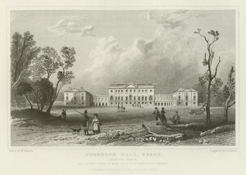 Thorndon Hall, Essex, ze severu, sídlo lorda Petrieho od William Henry Bartlett