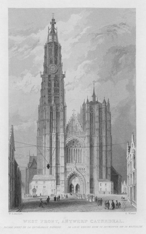 Západní fronta, antverpská katedrála (rytina) od William Henry Bartlett
