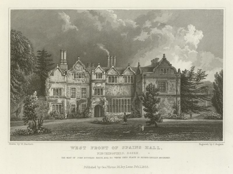 West Front of Spains Hall, Finchingfield, Essex, sídlo Johna Rugglese Brice, Esquire od William Henry Bartlett