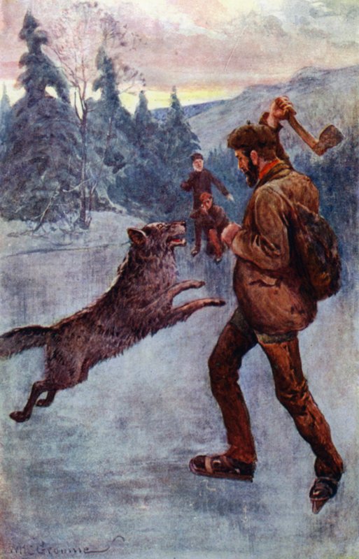 "Vystřelil; a ten netvor, ve chvíli, kdy vyrážel, spadl, vrčel a syčel" (barva litho) od William Henry Charles Groome