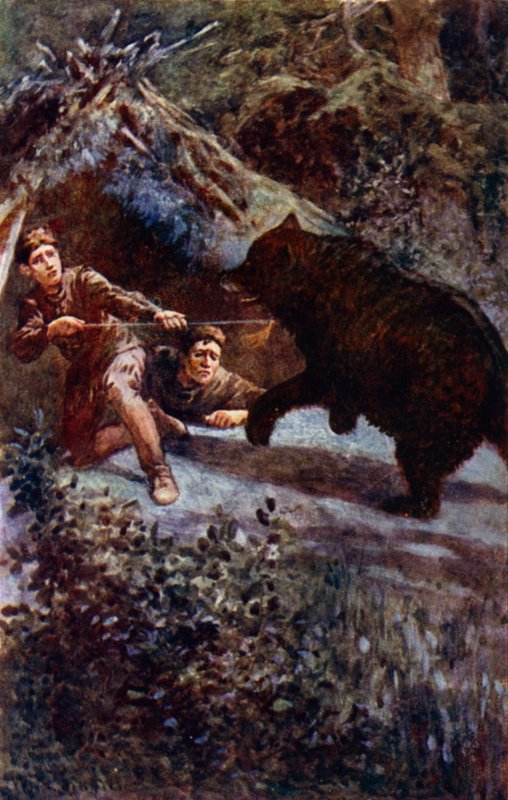 "Vší silou jsem vrazil oštěp do medvědovi hrudi" (barva litho) od William Henry Charles Groome