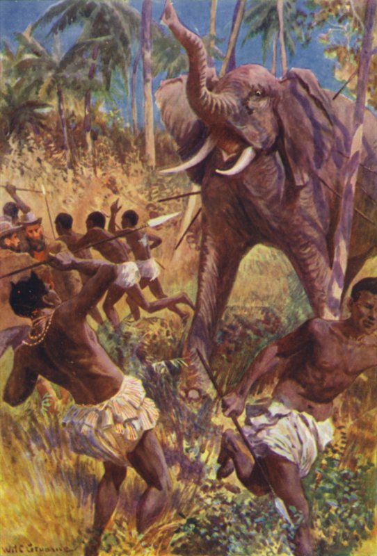 Ilustrace k filmu Lovci goril od RM Ballantyne (barva lito) od William Henry Charles Groome