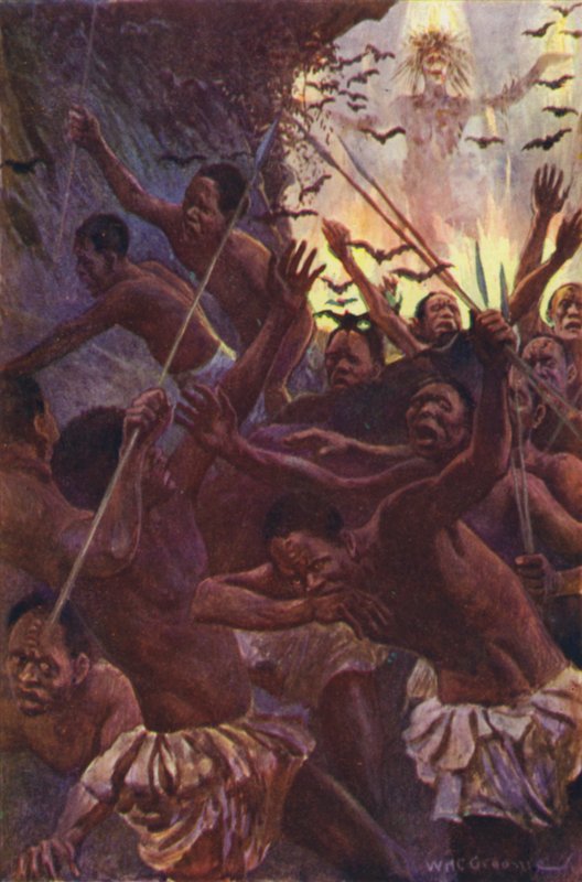 Ilustrace k filmu Lovci goril od RM Ballantyne (barva lito) od William Henry Charles Groome