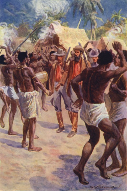 Ilustrace k filmu Lovci goril od RM Ballantyne (barva lito) od William Henry Charles Groome