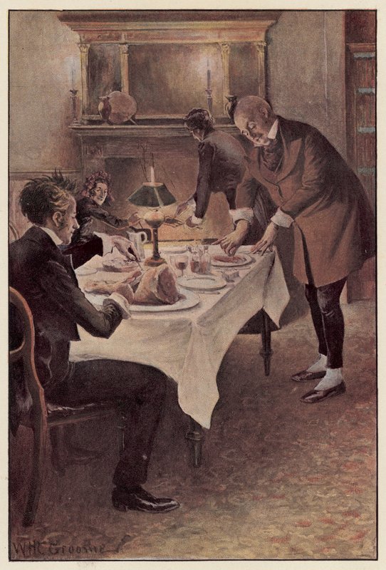 Traddles krájí skopové maso na plátky od William Henry Charles Groome