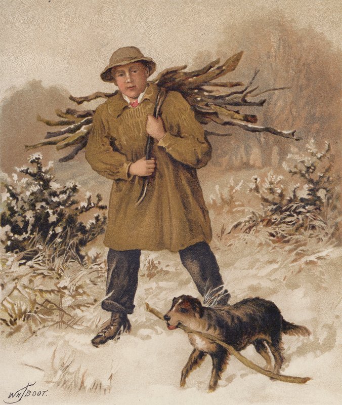 Muž a pes sbírající dříví (chromolit) od William Henry James (after) Boot