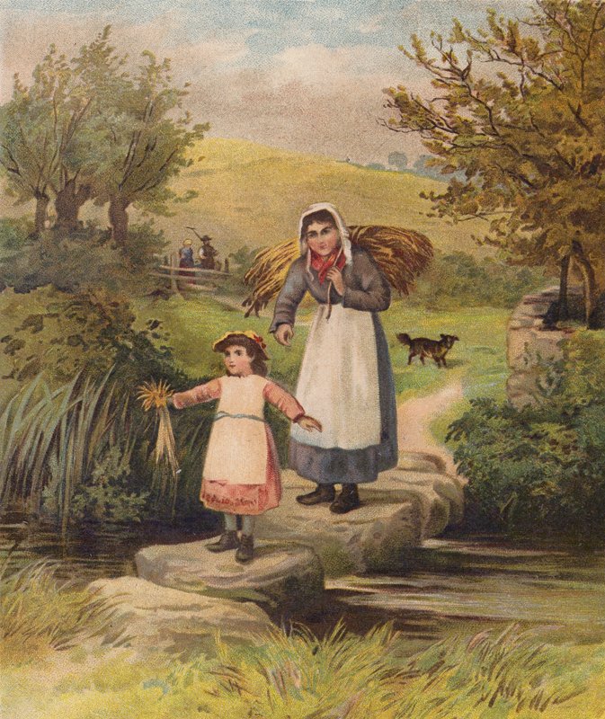 Žena a dívka překračují potok přes nášlapné kameny (chromolit) od William Henry James (after) Boot