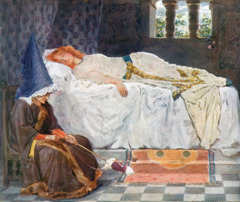 Oči měla zavřené a její vlasy, dotčené slunečním svitem, ležely jako zlaté nitě na zasněženém polštáři. od William Henry Margetson
