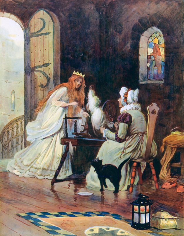 Vyšplhala po schodech a nahoře našla pokojíček, ve kterém seděla stará paní a točila se od William Henry Margetson