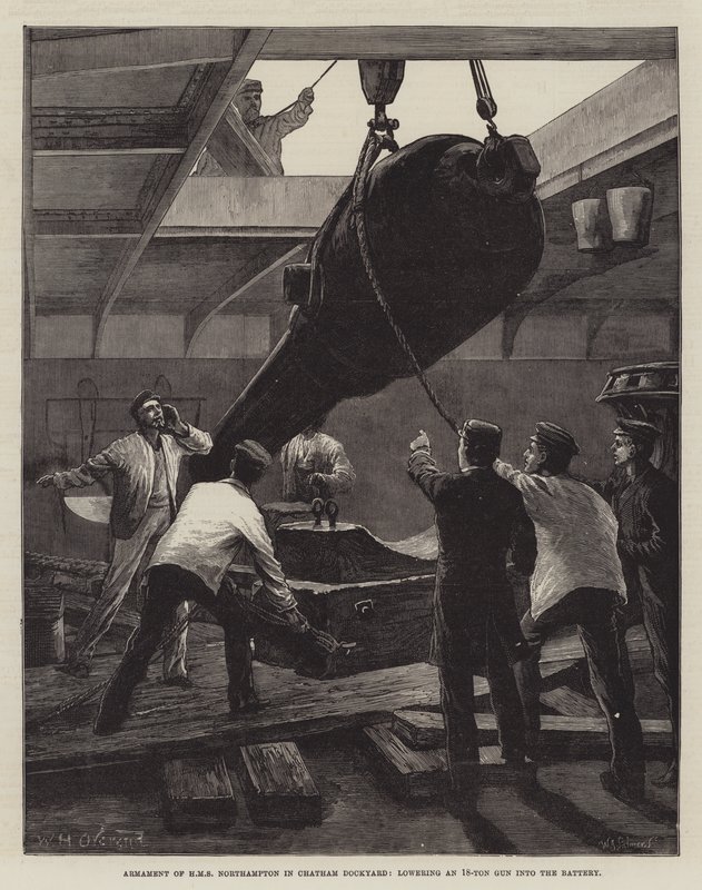 Výzbroj HMS Northampton v Chatham Dockyard, spouštění 18tunové dělo do baterie od William Heysham Overend