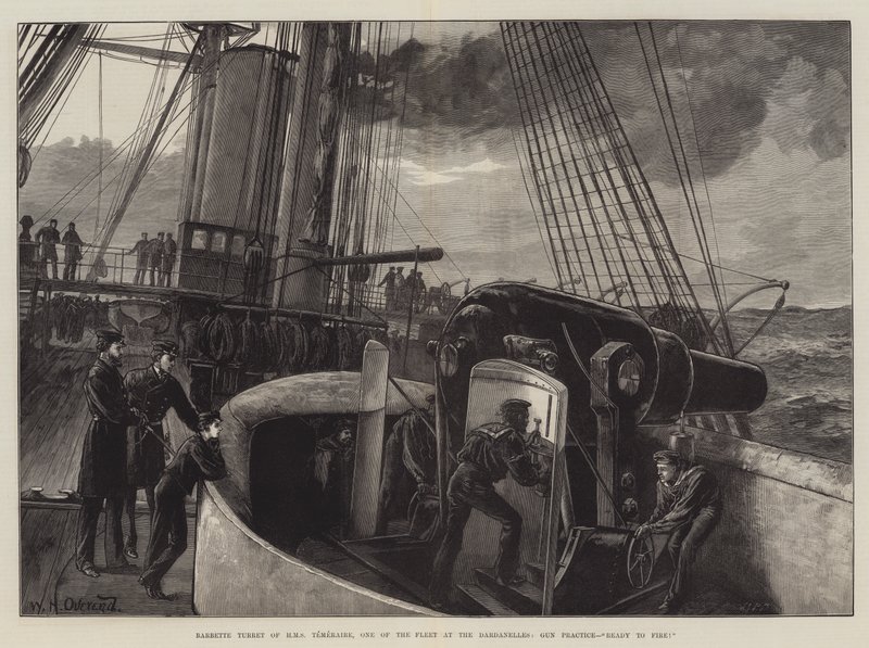 Barbetová věž HMS Temeraire, jedna z lodí flotily u Dardanel, Cvičení s děly, Připraveno k palbě! od William Heysham Overend