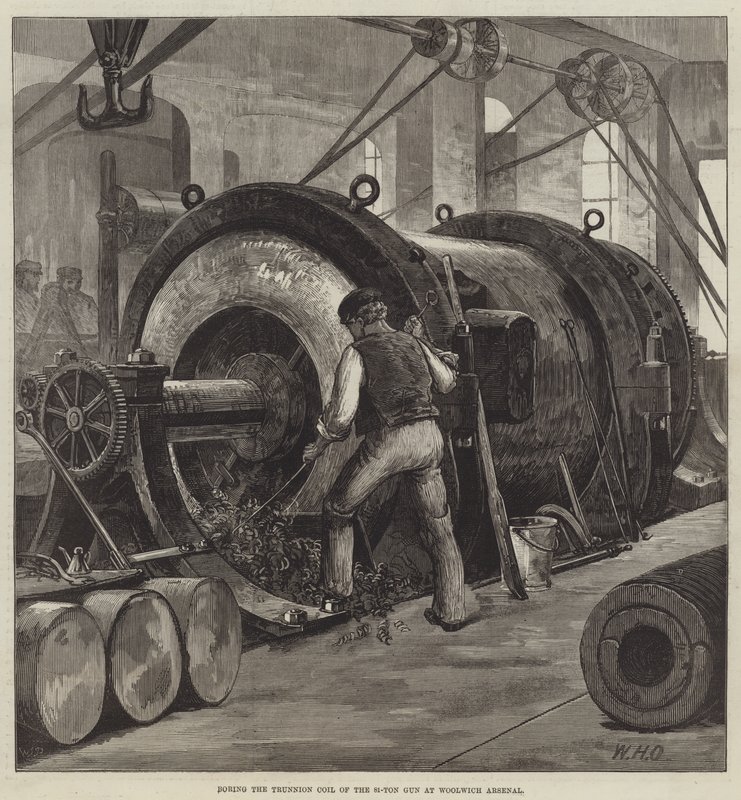 Vrtání Trunnion Coil 81tunové zbraně ve Woolwich Arsenal od William Heysham Overend