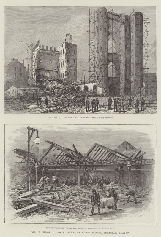 Pád továrny na koberce pánů J a J Templeton, Greenhead, Glasgow od William Heysham Overend