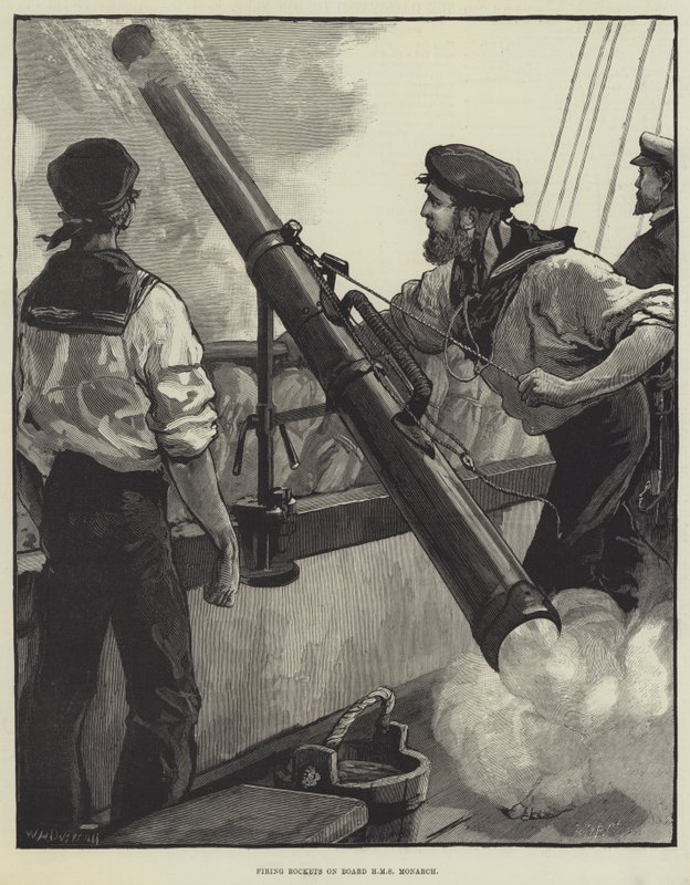 Odpalování raket na palubě HMS Monarch od William Heysham Overend