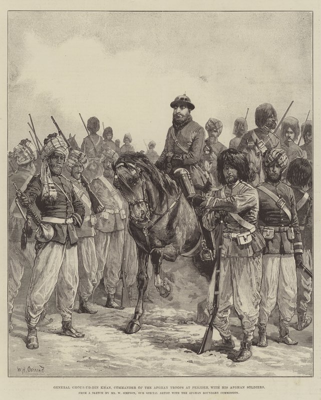Generál Ghous-ud-din Khan, velitel afghánských jednotek v Penjdeh, se svými afghánskými vojáky od William Heysham Overend