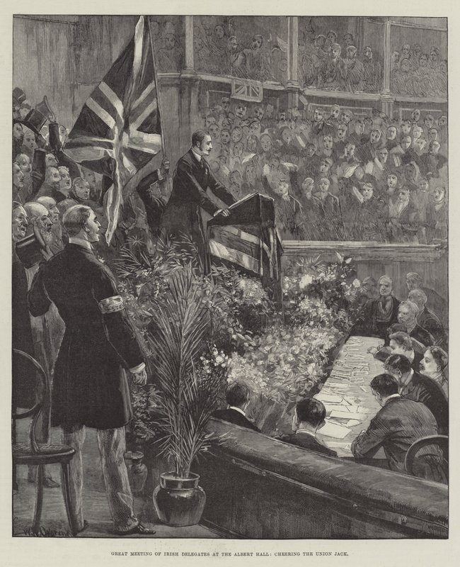 Velké setkání irských delegátů v Albert Hall, povzbuzující Union Jack od William Heysham Overend