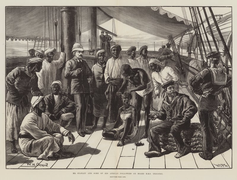 Pan Stanley a někteří z jeho afrických následovníků na palubě HMS Industry od William Heysham Overend