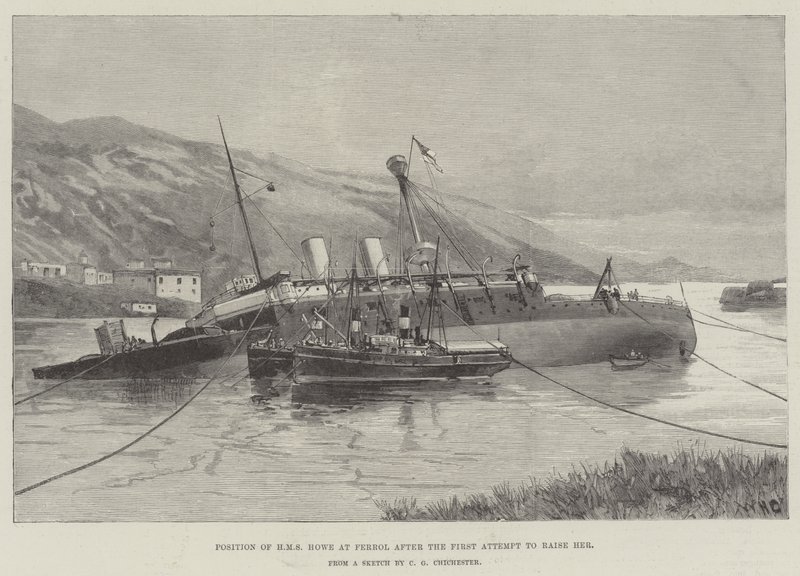 Pozice HMS Howe ve Ferrolu po prvním pokusu o její výchovu od William Heysham Overend