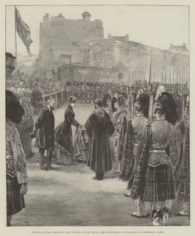 Princezna Louise představuje nové barvy Argyll a Sutherland Highlanders na Edinburgh Castle od William Heysham Overend