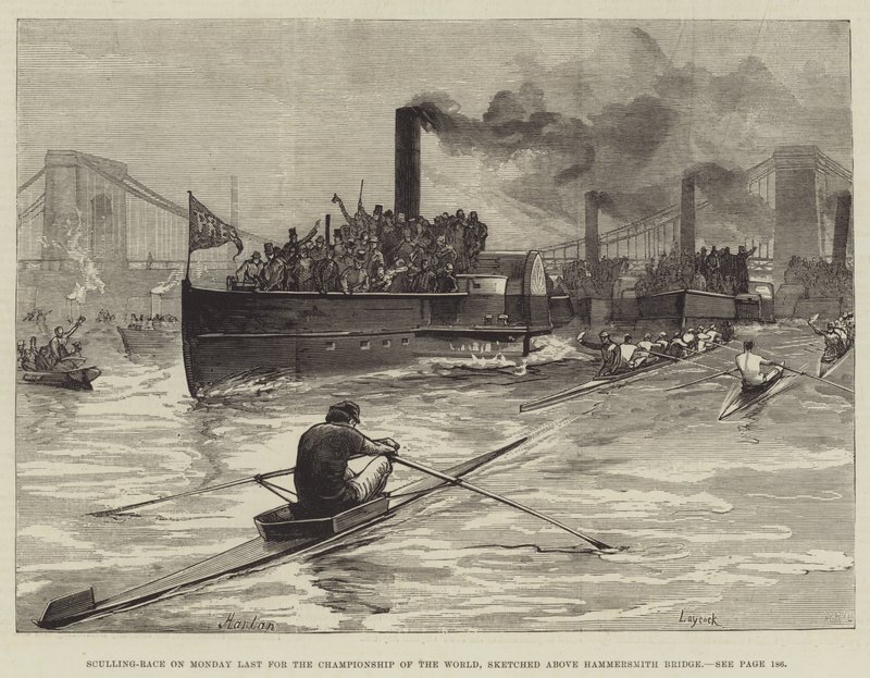 Sculling-Race v pondělí Poslední pro mistrovství světa, načrtnuté nad Hammersmith Bridge od William Heysham Overend