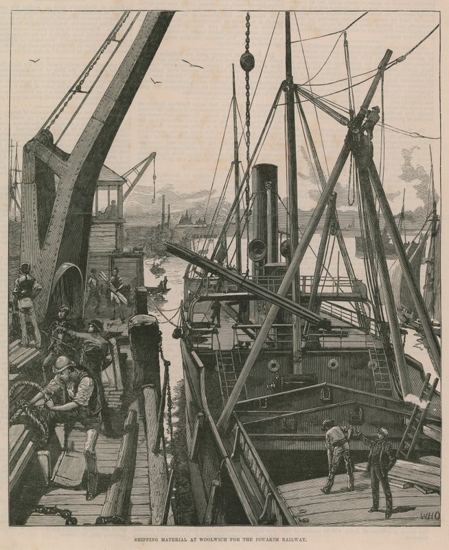 Přepravní materiál ve Woolwichi pro železnici Souakim (rytina) od William Heysham Overend