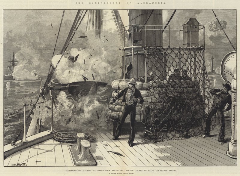 Bombardování Alexandrie, exploze granátu na palubě HMS Alexandria, úzký útěk štábního velitele Hoskena od William Heysham Overend
