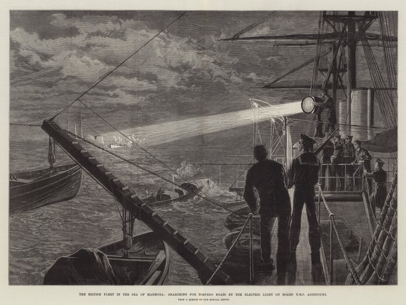 Britská flotila v Marmorském moři hledá torpédové čluny elektrickým světlem na palubě HMS Agincourt od William Heysham Overend