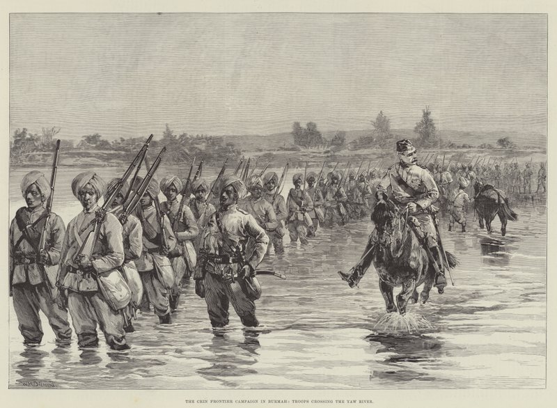 Chin Frontier Campaign v Barmě, jednotky překračující řeku Yaw od William Heysham Overend