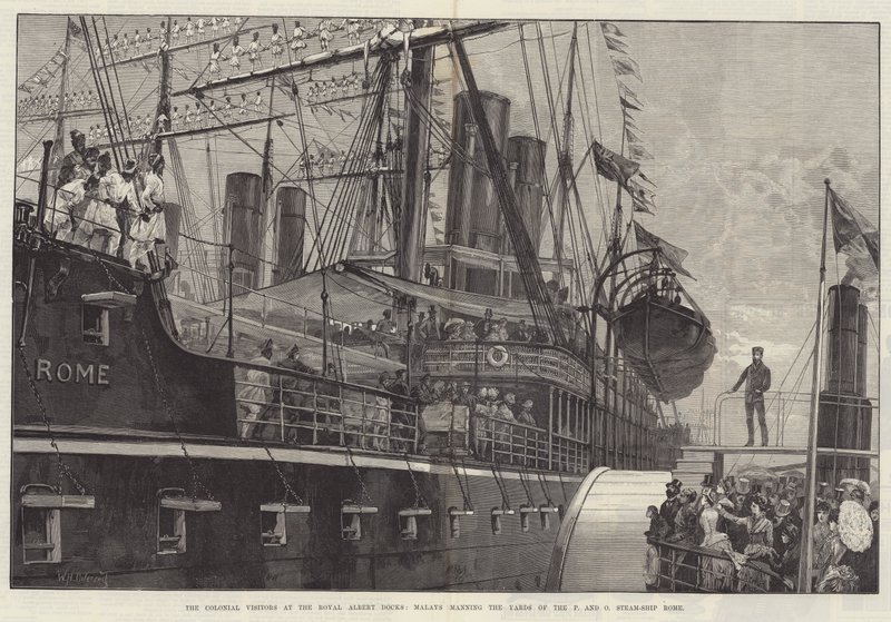 Koloniální návštěvníci v Royal Albert Docks, Malajci obsluhující Yards of the P and O Steam-Ship Rome od William Heysham Overend
